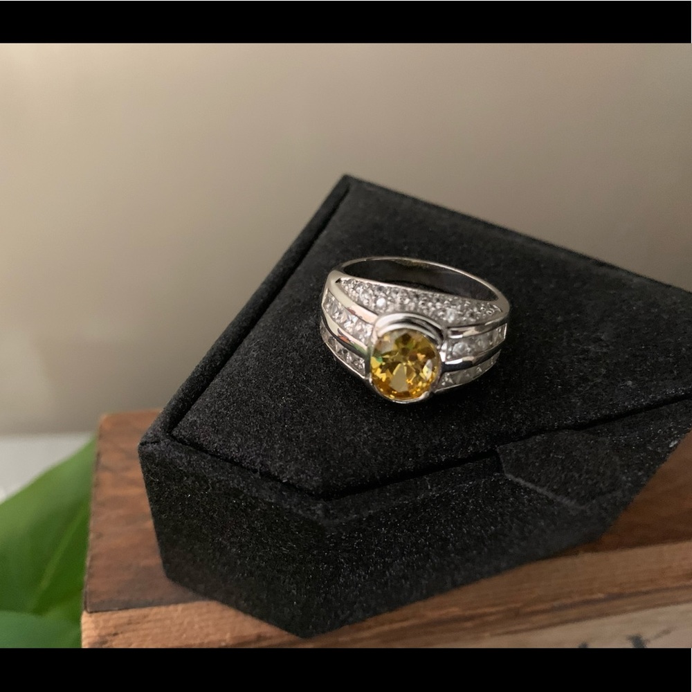 Sterling silver, CZ and Citrine Ring - size 8